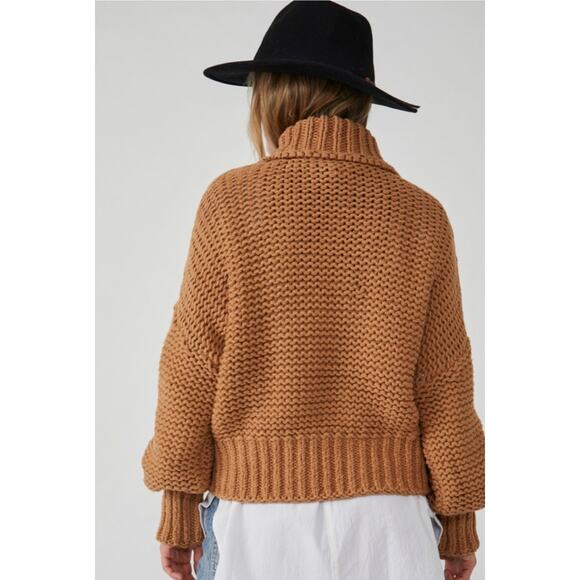 Free People My Only Sunshine Sweater Size M Camel Tan Oversize Chunky Mock Boho - Picture 3 of 14
